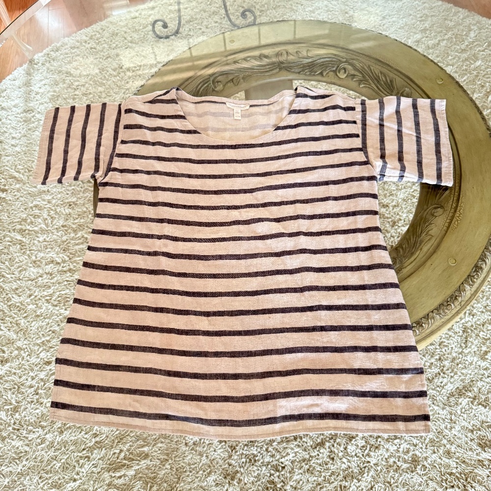 EILEEN FISHER 100% Organic Linen Cotton Striped Side Slits T-Shirt Top Size S